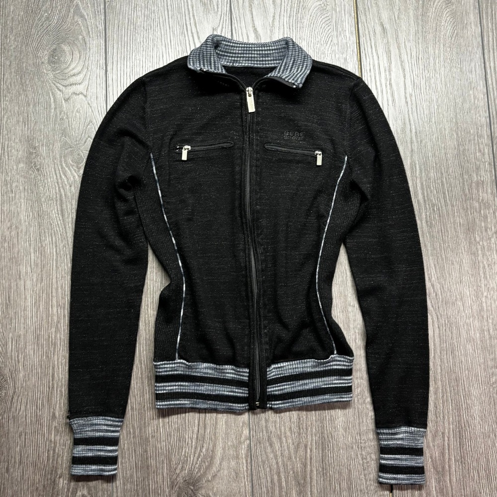 Bebe Sport Vintage Y2K Black Zip Up Track Jacket Women Small Striped Trim